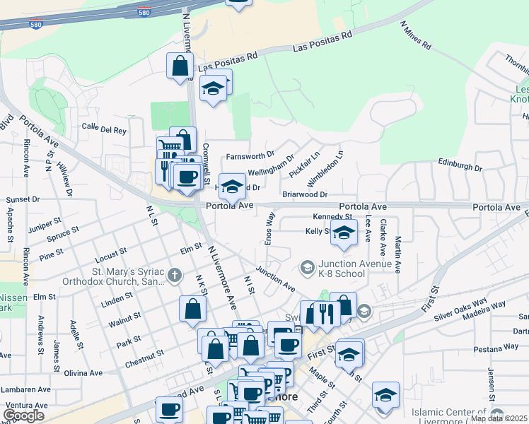 map of restaurants, bars, coffee shops, grocery stores, and more near 2507 Portola Avenue in Livermore