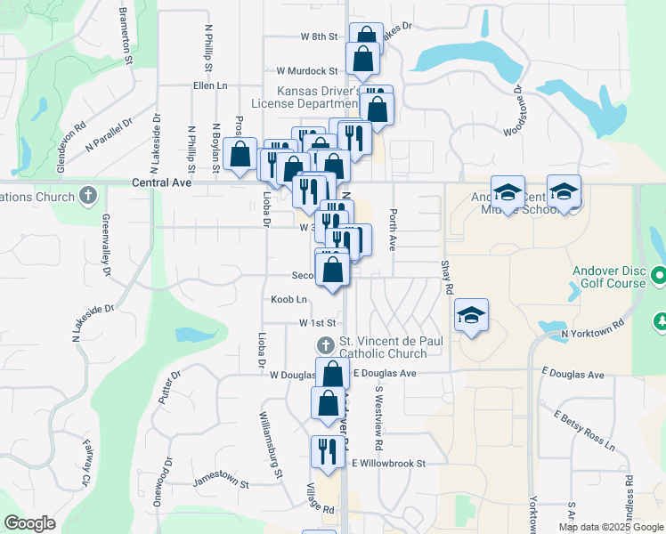 map of restaurants, bars, coffee shops, grocery stores, and more near 307 N Andover Rd in Andover