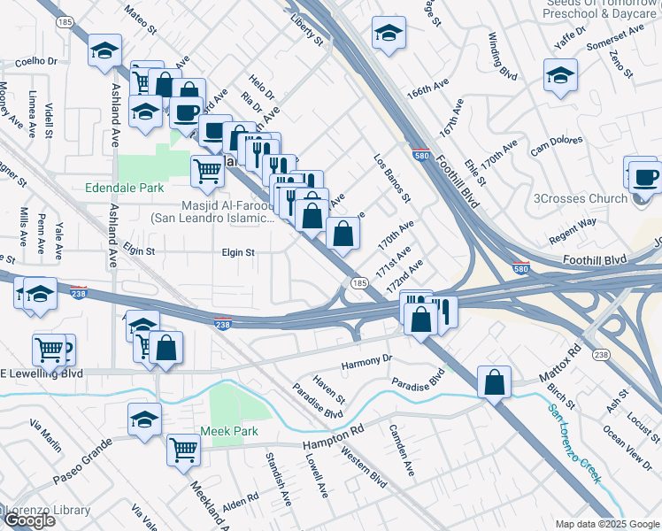 map of restaurants, bars, coffee shops, grocery stores, and more near 16855 Melody Way in San Leandro