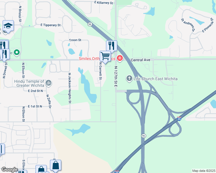 map of restaurants, bars, coffee shops, grocery stores, and more near 331 North 127th Street East in Wichita