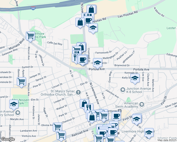 map of restaurants, bars, coffee shops, grocery stores, and more near 868 North Livermore Avenue in Livermore