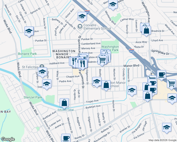 map of restaurants, bars, coffee shops, grocery stores, and more near 15018 Edgemoor Street in San Leandro