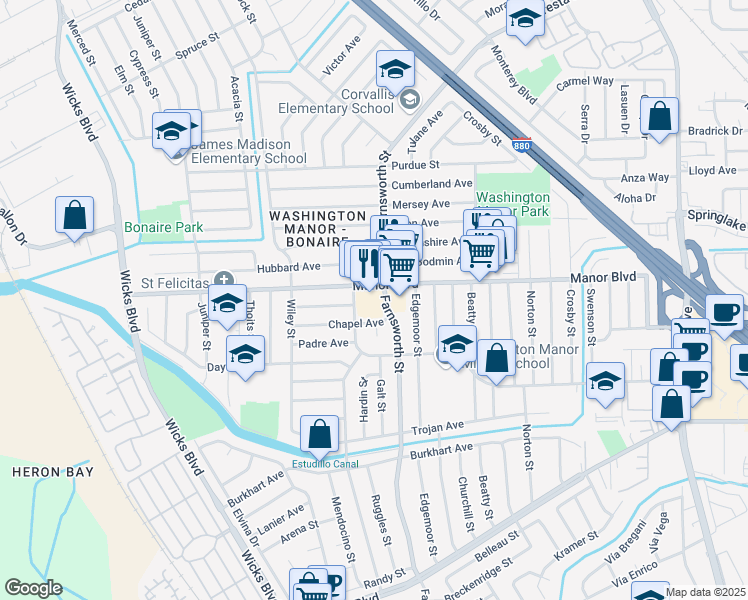 map of restaurants, bars, coffee shops, grocery stores, and more near 15049 Farnsworth Street in San Leandro