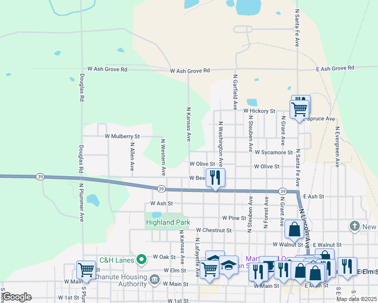 map of restaurants, bars, coffee shops, grocery stores, and more near West Sycamore Street in Chanute
