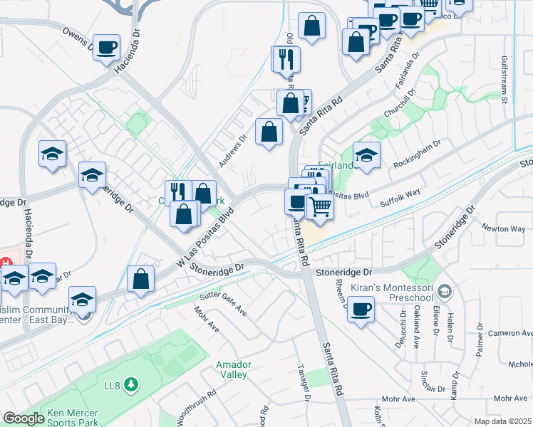 map of restaurants, bars, coffee shops, grocery stores, and more near 3162 Washoe Way in Pleasanton