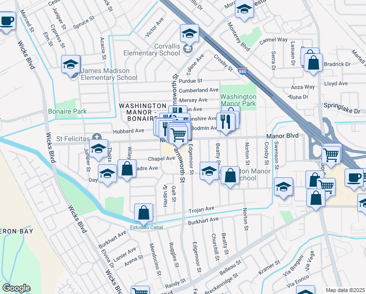 map of restaurants, bars, coffee shops, grocery stores, and more near 15035 Edgemoor Street in San Leandro
