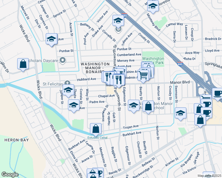 map of restaurants, bars, coffee shops, grocery stores, and more near 15049 Farnsworth Street in San Leandro