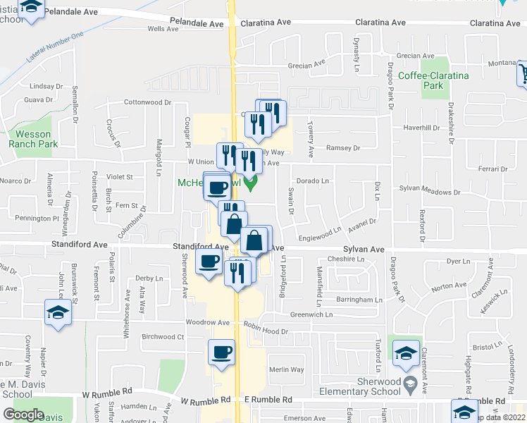 map of restaurants, bars, coffee shops, grocery stores, and more near 204 Warren Way in Modesto