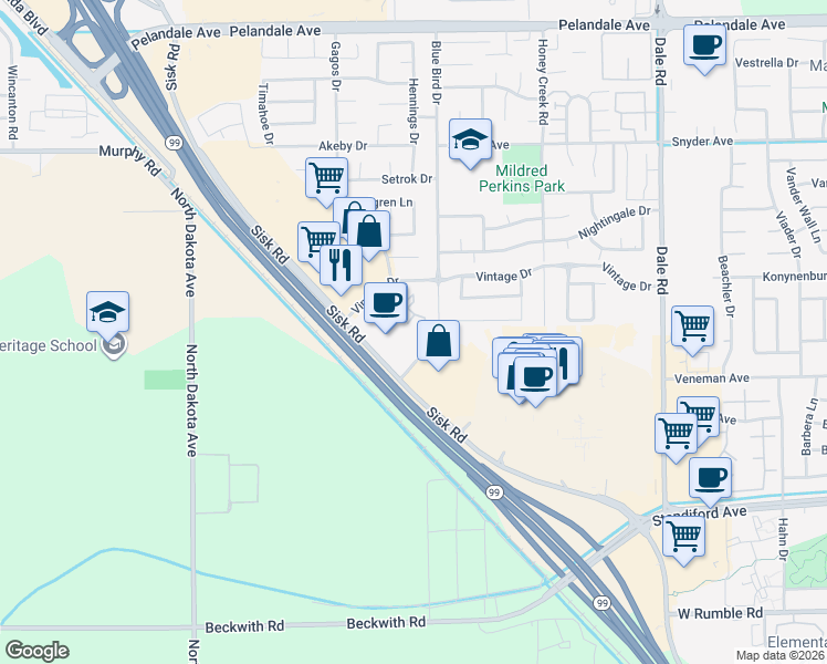 map of restaurants, bars, coffee shops, grocery stores, and more near 3500 Sisk Road in Modesto