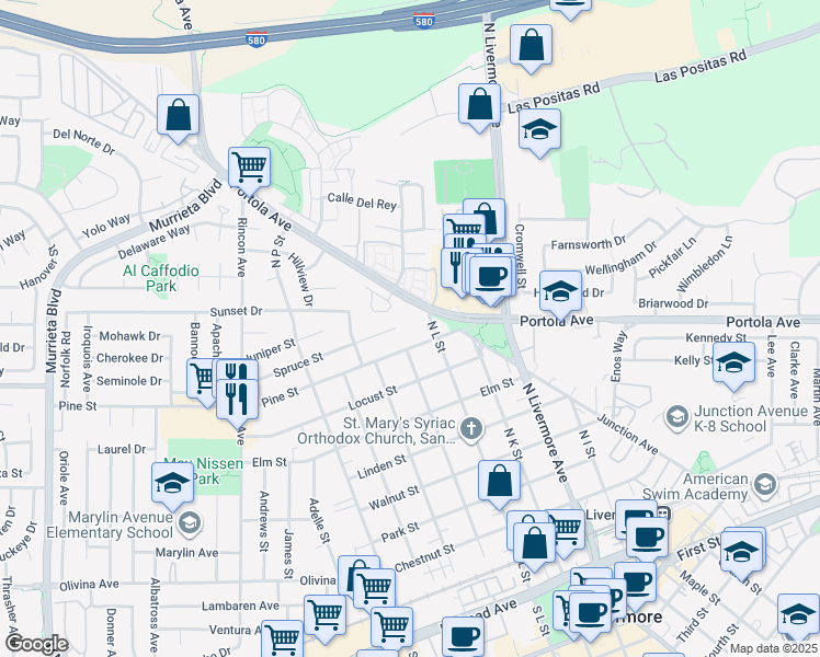 map of restaurants, bars, coffee shops, grocery stores, and more near 1877 Spruce Street in Livermore