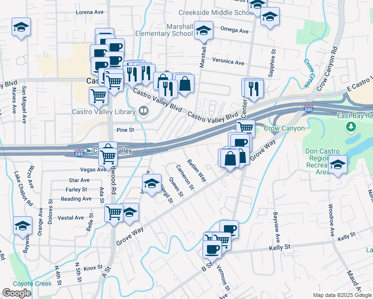 map of restaurants, bars, coffee shops, grocery stores, and more near 21906 Betlen Way in Castro Valley
