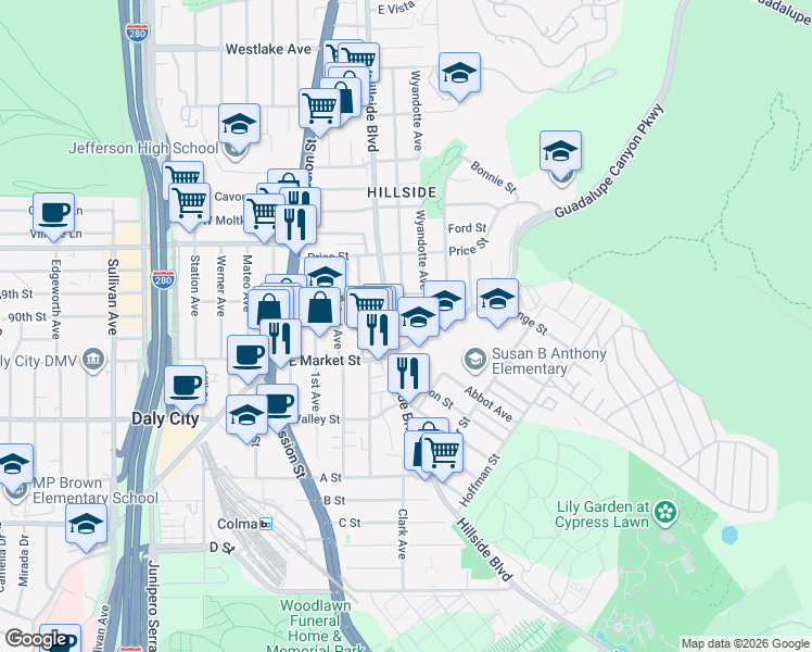 map of restaurants, bars, coffee shops, grocery stores, and more near 444a East Market Street in Daly City