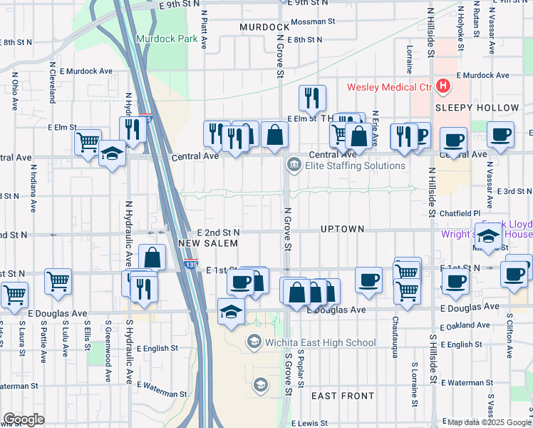 map of restaurants, bars, coffee shops, grocery stores, and more near in Wichita