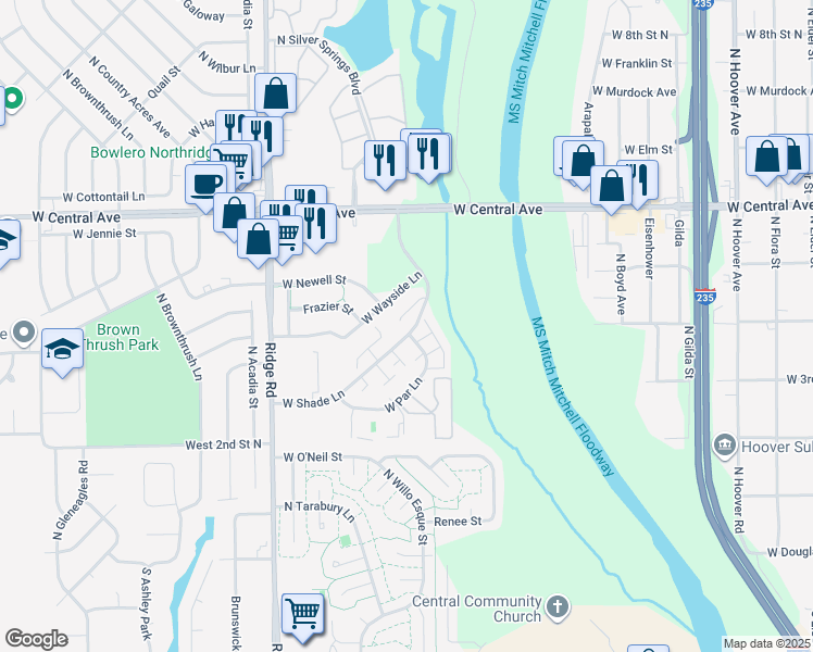 map of restaurants, bars, coffee shops, grocery stores, and more near 6725 West Shade Lane in Wichita