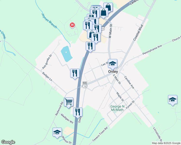 map of restaurants, bars, coffee shops, grocery stores, and more near 25344-25544 Virginia Avenue in Onley