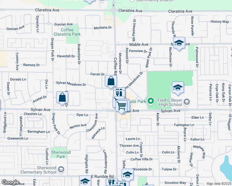 map of restaurants, bars, coffee shops, grocery stores, and more near 3641 Coffee Road in Modesto