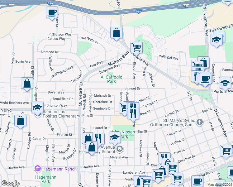map of restaurants, bars, coffee shops, grocery stores, and more near 889 Mohawk Drive in Livermore