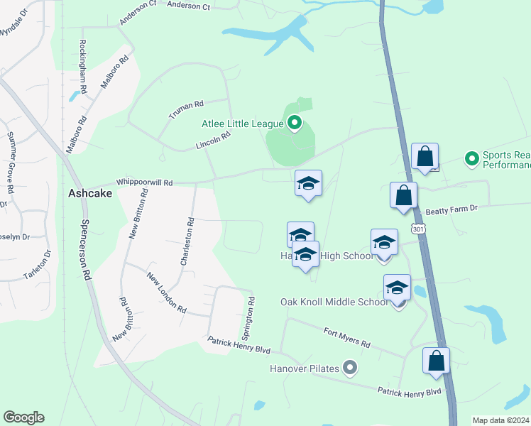 map of restaurants, bars, coffee shops, grocery stores, and more near 8438 Wheeling Road in Mechanicsville