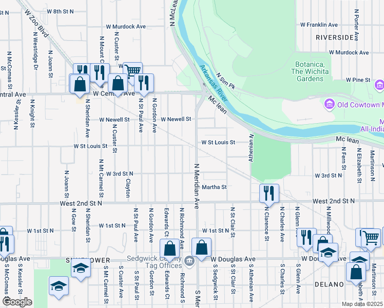 map of restaurants, bars, coffee shops, grocery stores, and more near 439 North Meridian Avenue in Wichita