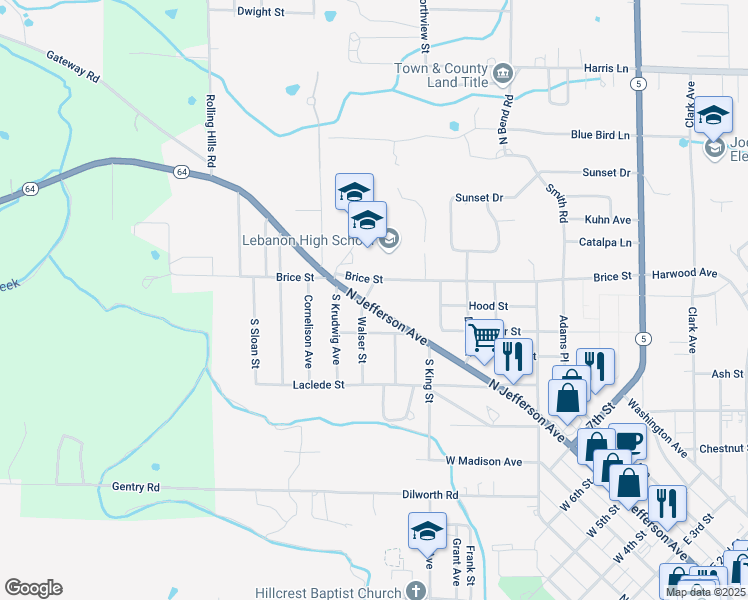 map of restaurants, bars, coffee shops, grocery stores, and more near 1270 North Jefferson Avenue in Lebanon
