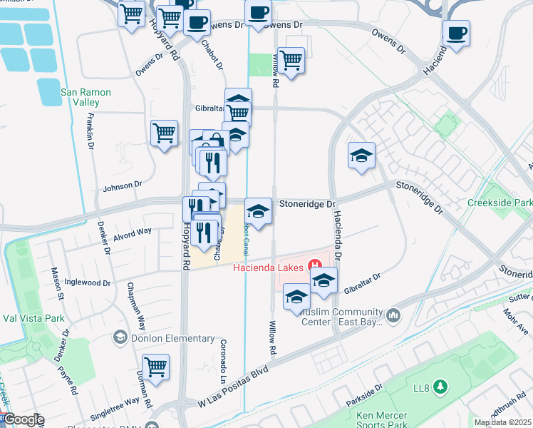 map of restaurants, bars, coffee shops, grocery stores, and more near 3924 Willow Road in Pleasanton