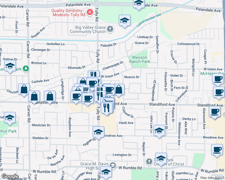 map of restaurants, bars, coffee shops, grocery stores, and more near 3701 Colonial Drive in Modesto