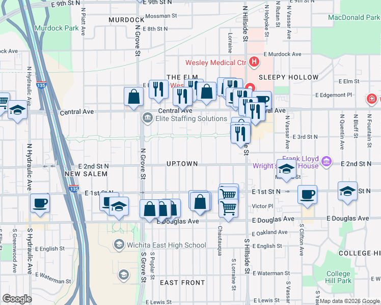 map of restaurants, bars, coffee shops, grocery stores, and more near 2726 East 2nd Street North in Wichita