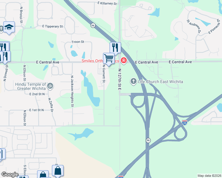 map of restaurants, bars, coffee shops, grocery stores, and more near 331 North 127th Street East in Wichita
