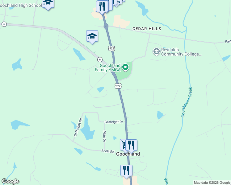 map of restaurants, bars, coffee shops, grocery stores, and more near 3055 River Road West in Goochland