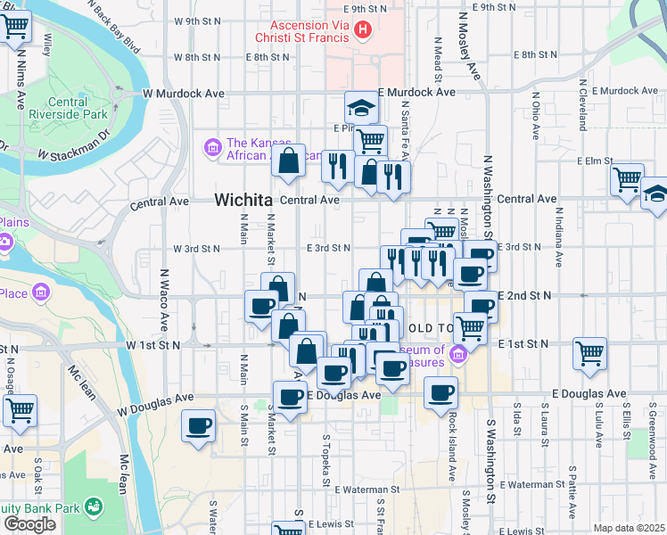 map of restaurants, bars, coffee shops, grocery stores, and more near 323 South Emporia Street in Wichita