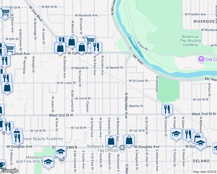 map of restaurants, bars, coffee shops, grocery stores, and more near 439 North Edwards in Wichita