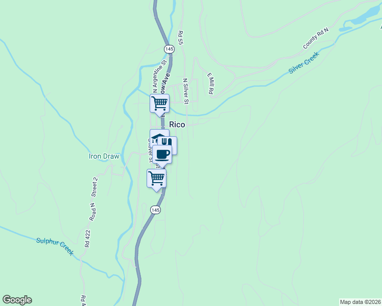 map of restaurants, bars, coffee shops, grocery stores, and more near 102 South Silver Street in Rico