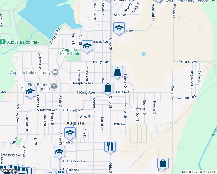 map of restaurants, bars, coffee shops, grocery stores, and more near 332 East Kelly Avenue in Augusta