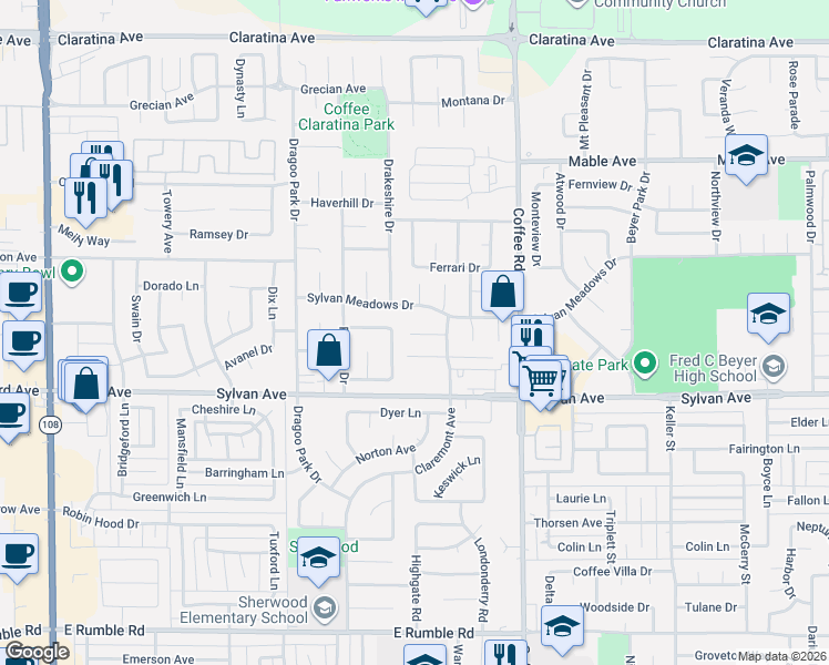map of restaurants, bars, coffee shops, grocery stores, and more near 1008 Claremont Court in Modesto