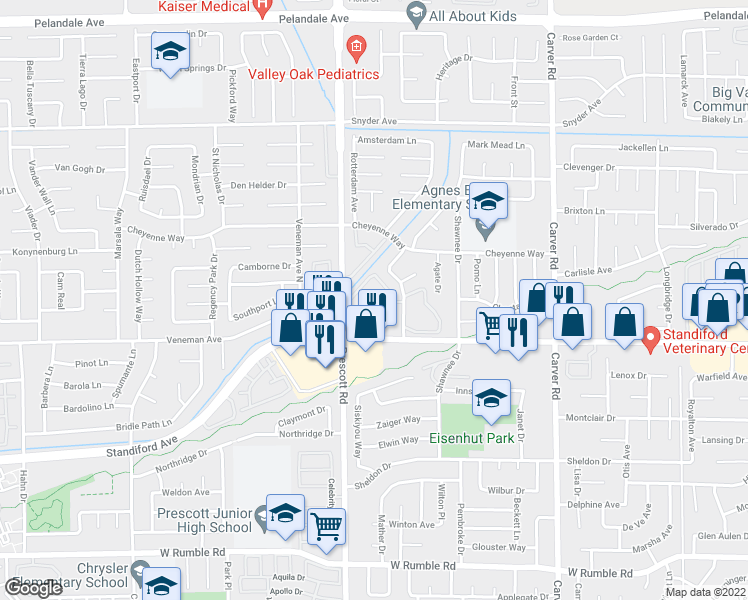 map of restaurants, bars, coffee shops, grocery stores, and more near 3525 San Clemente Avenue in Modesto