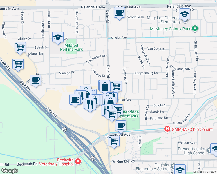 map of restaurants, bars, coffee shops, grocery stores, and more near 3649-3665 Dale Rd in Modesto