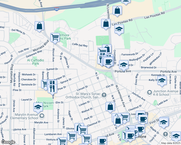 map of restaurants, bars, coffee shops, grocery stores, and more near 1877 Spruce Street in Livermore