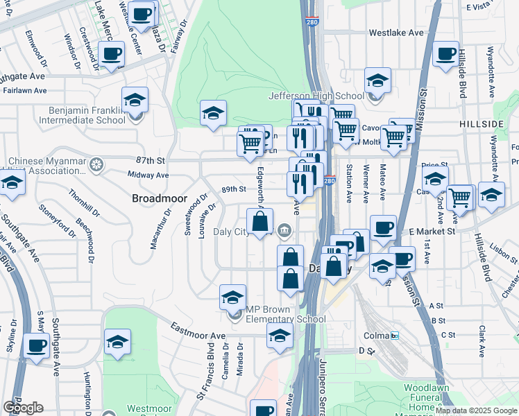 map of restaurants, bars, coffee shops, grocery stores, and more near 410 91st Street in Daly City