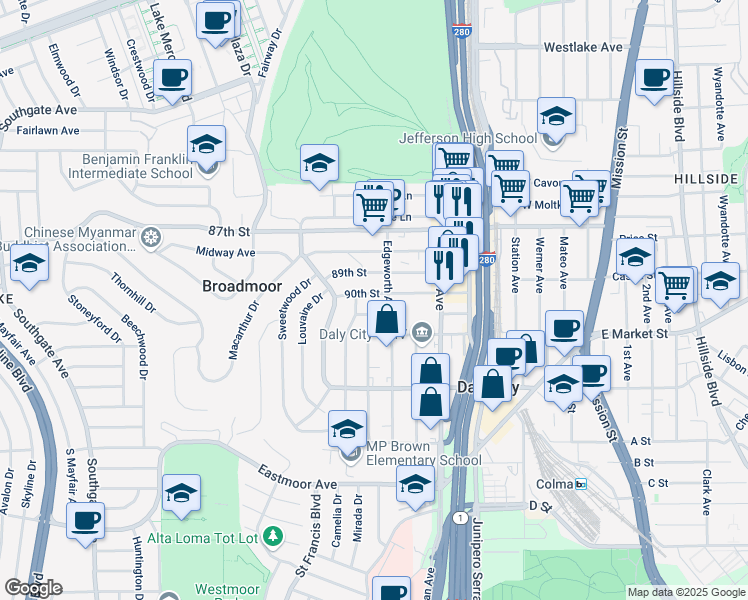 map of restaurants, bars, coffee shops, grocery stores, and more near 410 91st Street in Daly City