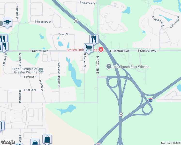 map of restaurants, bars, coffee shops, grocery stores, and more near 331 North 127th Street East in Wichita
