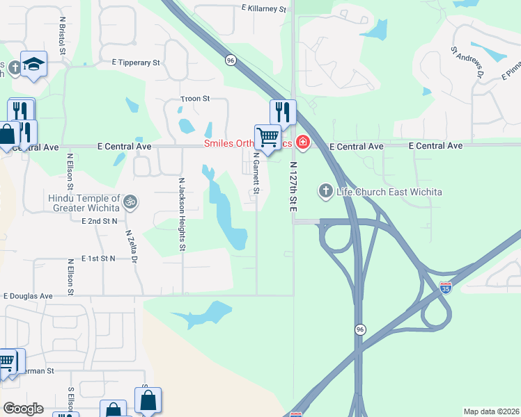 map of restaurants, bars, coffee shops, grocery stores, and more near 331 North 127th Street East in Wichita