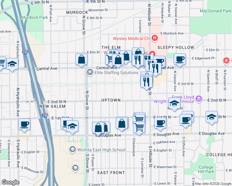 map of restaurants, bars, coffee shops, grocery stores, and more near 2726 East 2nd Street North in Wichita