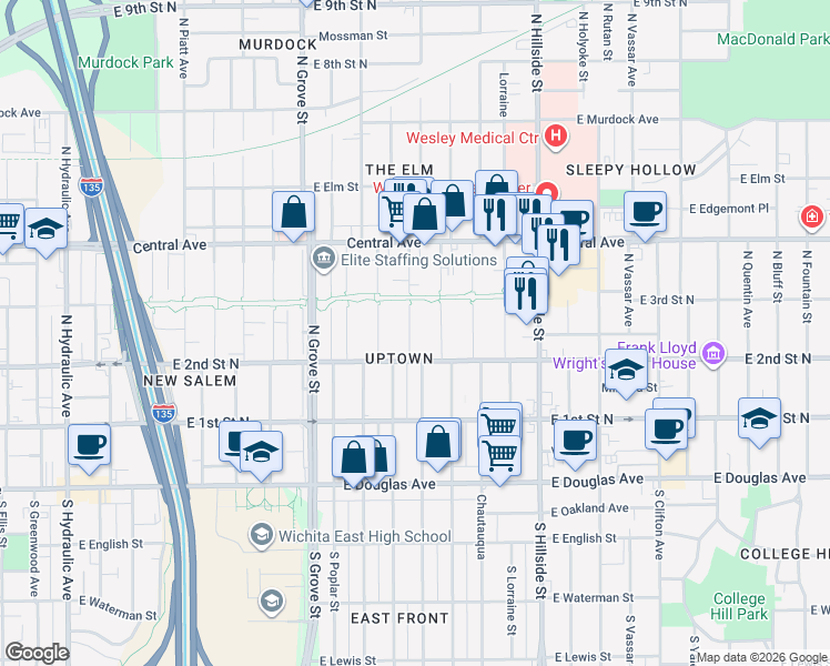 map of restaurants, bars, coffee shops, grocery stores, and more near 2726 East 2nd Street North in Wichita