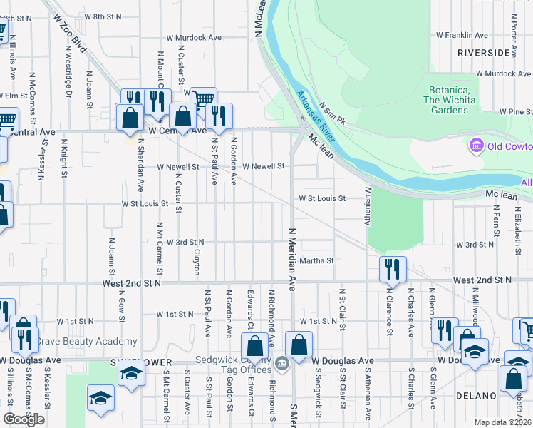 map of restaurants, bars, coffee shops, grocery stores, and more near 432 Richmond North in Wichita