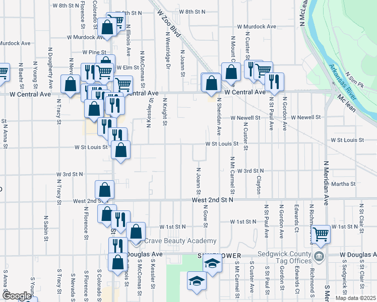 map of restaurants, bars, coffee shops, grocery stores, and more near 421 Joann North in Wichita