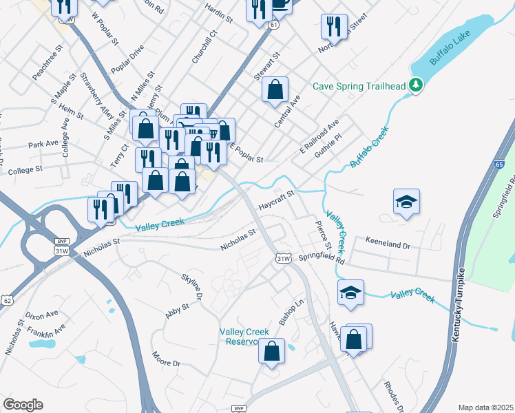 map of restaurants, bars, coffee shops, grocery stores, and more near 100 Haycraft Street in Elizabethtown