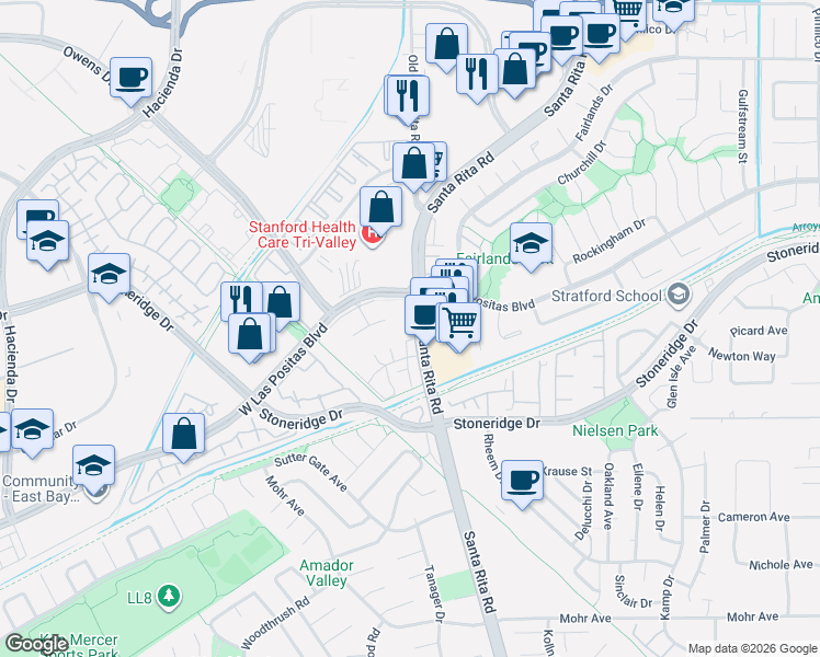 map of restaurants, bars, coffee shops, grocery stores, and more near 3193 Zuni Way in Pleasanton