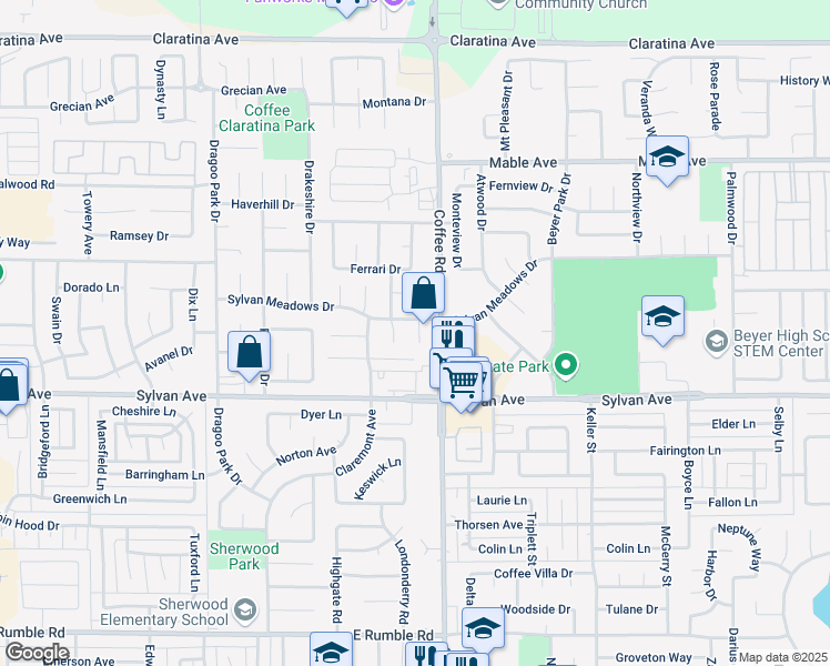 map of restaurants, bars, coffee shops, grocery stores, and more near 3559 Fountain Way in Modesto