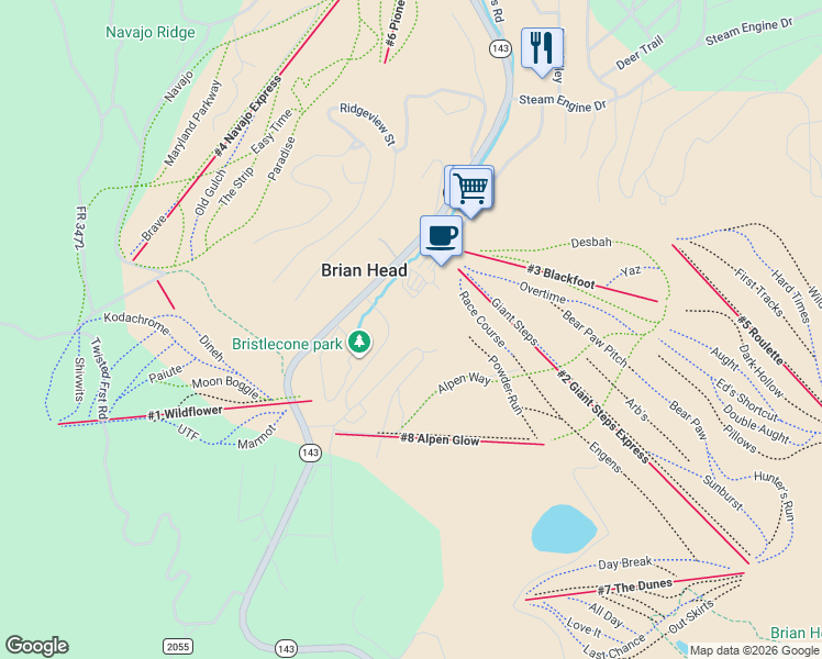 map of restaurants, bars, coffee shops, grocery stores, and more near 407 South Vasels Road in Brian Head