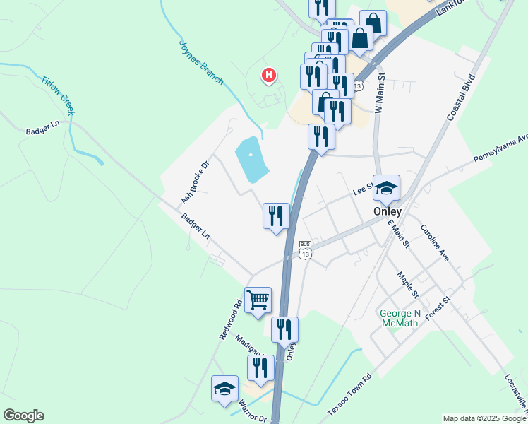 map of restaurants, bars, coffee shops, grocery stores, and more near Lakewood Drive in Onley
